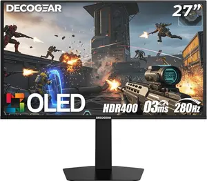 Deco Gear 27 QHD OLED Gaming Monitor | 280Hz 0.03ms Response, HDR400, Adaptive Sync, 99% sRGB, 1.5M:1 Contrast, Borderless Design, Height Adjustable Stand, HDMI 2.1, DisplayPort 1.4