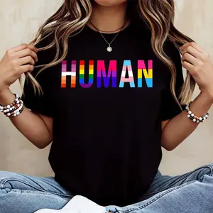 Rainbow Human Print T Shirt White Casual Loose Fit Tee For Everyday Wear And Outdoor Activities