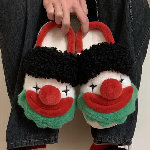 XIXITIAO Cute Halloween Clown Slippers for Women Men,Cartoon Plush Home Slides, Warm Winter Bedroom Footwear Indoor Outdoor,Comfort Walking Shoes Girl