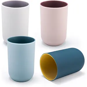 4 Pieces Plastic Bathroom Tumblers, PNDID Unbreakable Toothbrush Cup, Plastic Mouthwash Cup Toothbrush Holder (Light Gray, Dark Blue, Light Pink, Light Blue)