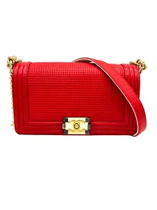 Pre-owned CHANEL Calfskin Leather Shoulder Bags RED MEDIUM WAFFLE QUILTED CALFSKIN LEATHER, EMBOSSED CUBE BOY BAG