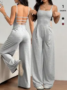 Women's Summer Strapless Solid Color Loose Fit Home Jumpsuit, Basic Womenswear, Casual Fashion Versatile One-Piece Pants, Comfortable Sleepwear