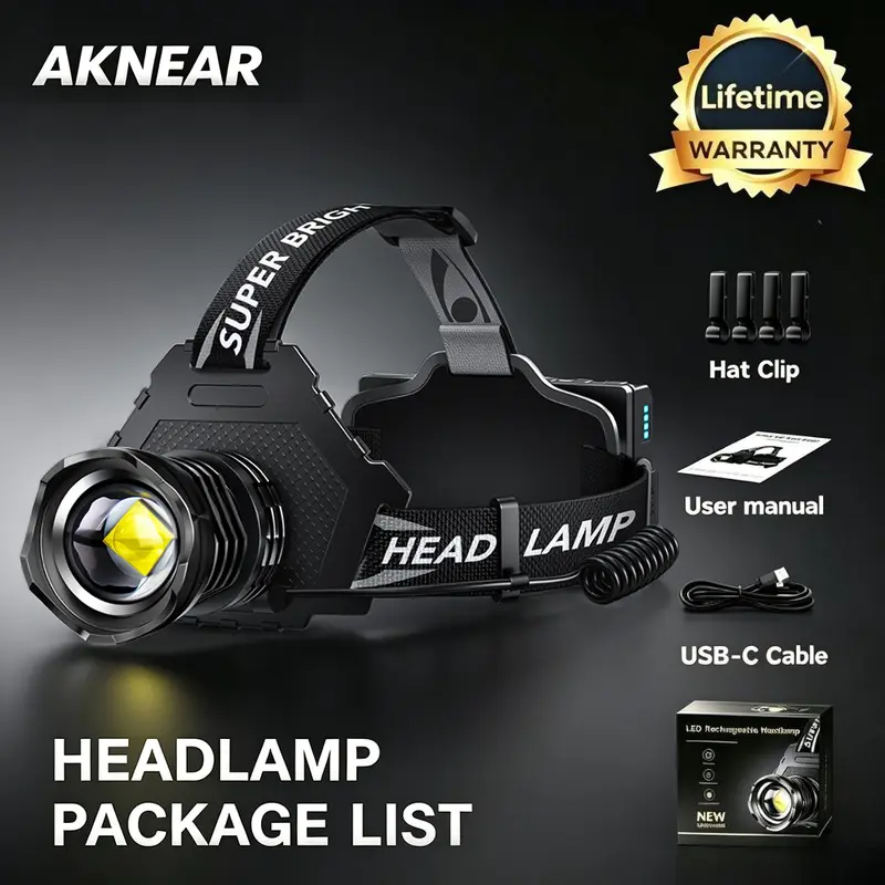 AKNEAR Rechargeable Headlamp - 180000LM High Lumen LED, 12 Modes, 2-in-1 Zoomable Rechargeable Flashlight, 125° Adjustable Angle, IPX7 Waterproof, 30-Day Battery Life, Ergonomic, USB Cable, for Outdoor Camping, Construction