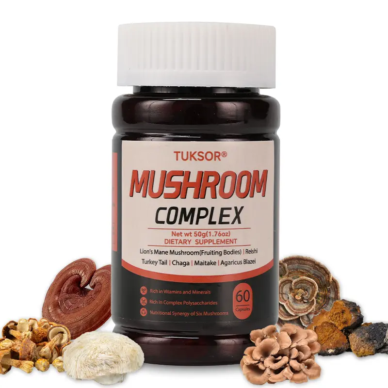 TUKSOR Organic Functional Mushroom Supplement Complex Capsules - Multi-Blend with Lion’s Mane, Reishi, Turkey Tail, Chaga, Maitake, Agaricus Blazei, Botanical Extracts for Adults’ Cognitive Boost, Anti-Oxidants, Metabolism, Healthcare Support