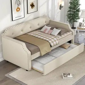Twin Size Upholstered Daybed with Trundle, Upholstered Daybed Sofa Bed Wood Frame for Living Room Bedroom