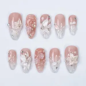 Bridal Press On Nails with 3D White Flowers and Sparkle Tips, Nude Pink Wedding Nails for Bride, Handmade Elegant Fake Nails