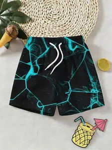 Boys Bottom 3D Printed Blue Current Shorts, Summer Fashion Outdoor Sports Beach Pants, Breathable Comfortable Kids' Trunks