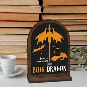 Wooden Book Dragon Design Bookshelf Decor, 1 Set Book Dragon Bookshelf Decor Centerpiece Decorations, Fantasy Bookish Sign with Stand