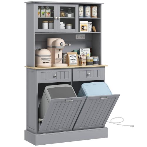 Bellemave HOMCOM 68" Multi Purpose Organized Open Storage Kitchen Furniture Cabinet with Charging Station, 2 Tilt-Out Trash Cabinets, Microwave Stand, Glass Doors & Adjustable Shelf, Freestanding Hutch, Open Storage Cabinet, Multi Purpose Kitchen Furnitur
