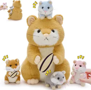Tezituor Realistic Hamster Stuffed Animal with 4 Surprise Squeaky Babies - 13" Mama Plush Hamster Toy for Kids Girls Boys Birthday Christmas, Educational Family Role Play Gift for Birthday Christmas, Comfort Plush