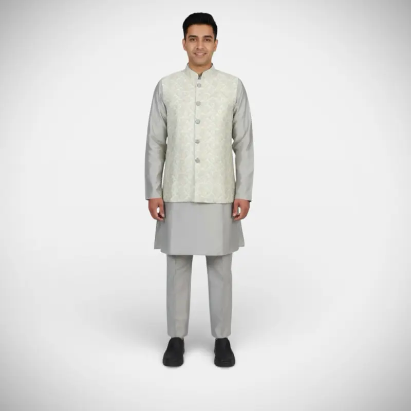 Sherwani Men's Jacket Set 3 Piece premium in Silk Fabric with Long Sleeves and Elegant Design - Suits, Menswear Ethnic Clothes