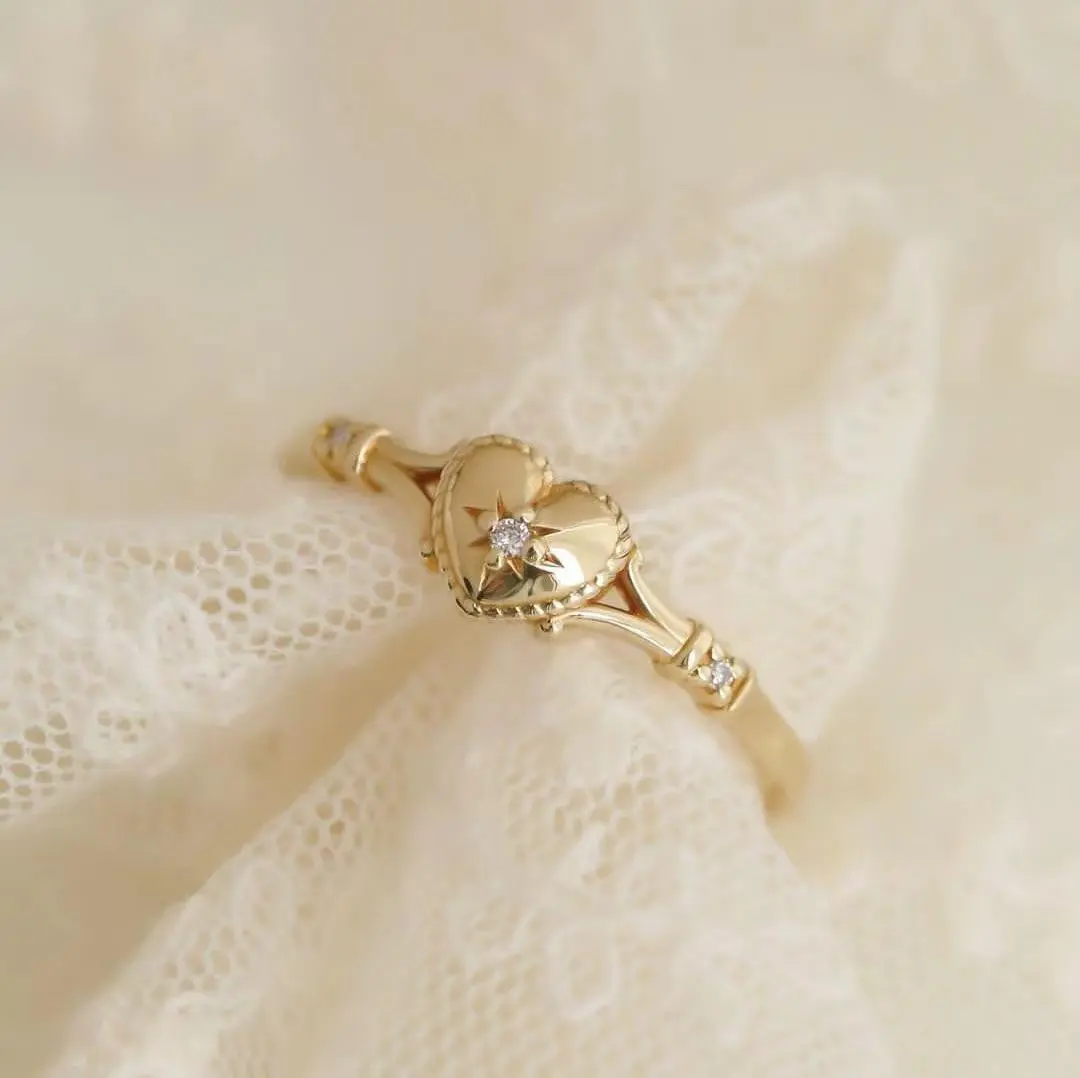 14k Gold Vintage Heart Ring, Wedding Holiday Engagement Ring Gift , Simple Fashion Heart Shape Ring for Women,Men