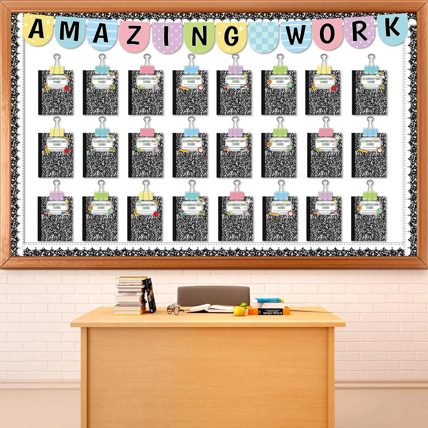 24 Pcs Student Work Display Bulletin Board Composition Notebook Classroom Decoration Inspirational Amazing Work Wall Decor Composition Book Paper Cutouts for Teacher Back to School Chalkboard Supplies