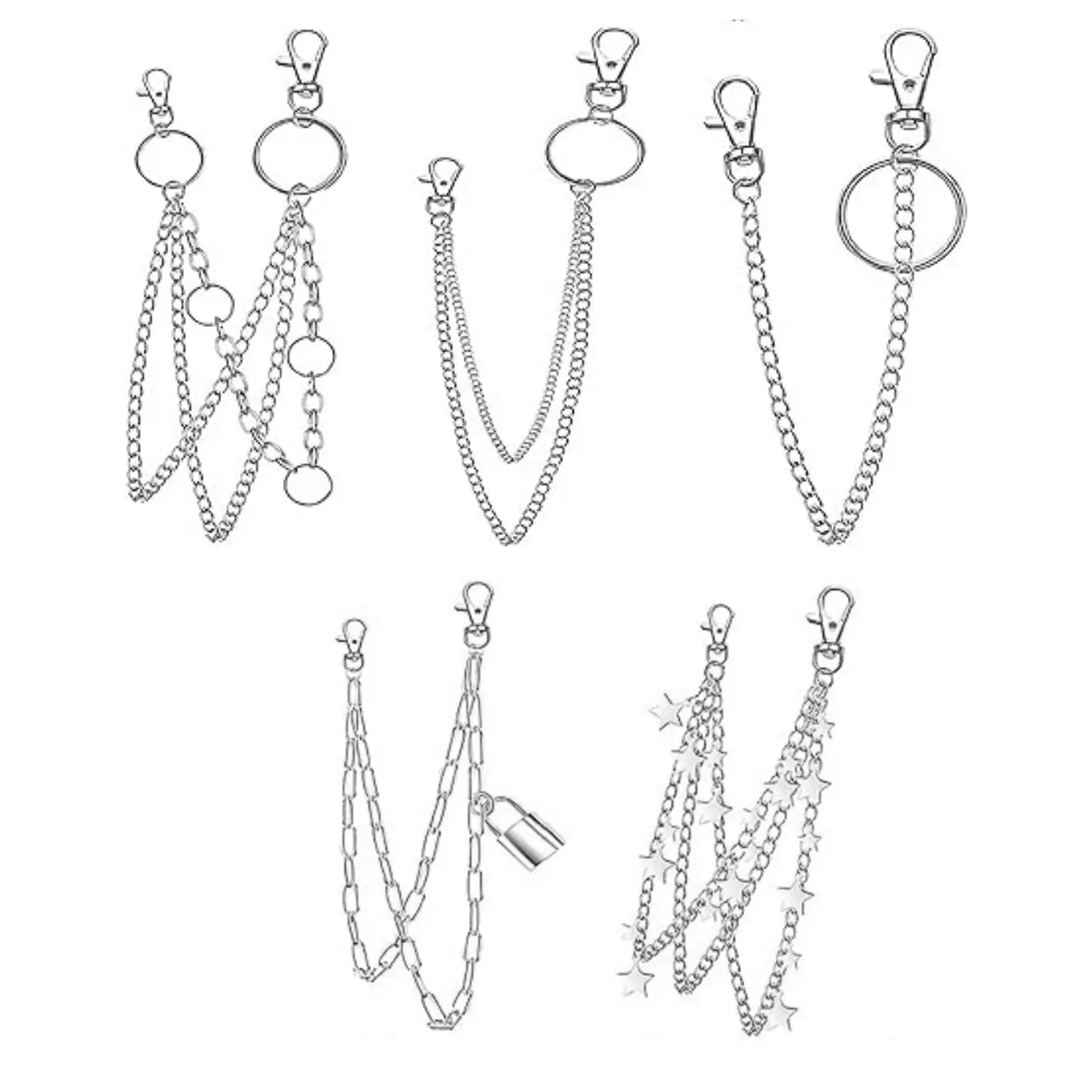 5Pcs Silver Jeans Pants Chain Belt Goth Grunge Chain Pocket Waist Chain with Star Moon Snake Lock Decorations for Women/Men - Home Improvement.