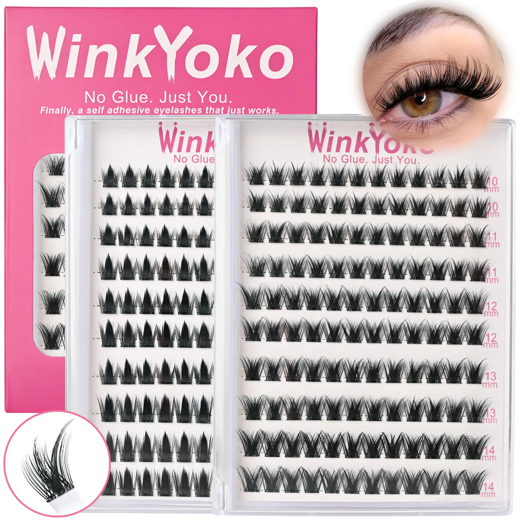 WinkYoko BASF Self-Adhesive Cosmetic Synthetic Volume False Eyelash Clusters, KIRA Fairy Style Beginner-Friendly C Curl Wispy Press-On Lashes (8-14mm Mixed Length Natural-Look, Soft Thin Band, Pre-Glued DIY) with Tweezer & Eyelash Extensions