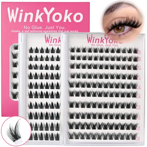 WinkYoko BASF Self-Adhesive Cosmetic Synthetic Volume False Eyelash Clusters, KIRA Fairy Style Beginner-Friendly C Curl Wispy Press-On Lashes (8-14mm Mixed Length Natural-Look, Soft Thin Band, Pre-Glued DIY) with Tweezer & Eyelash Extensions