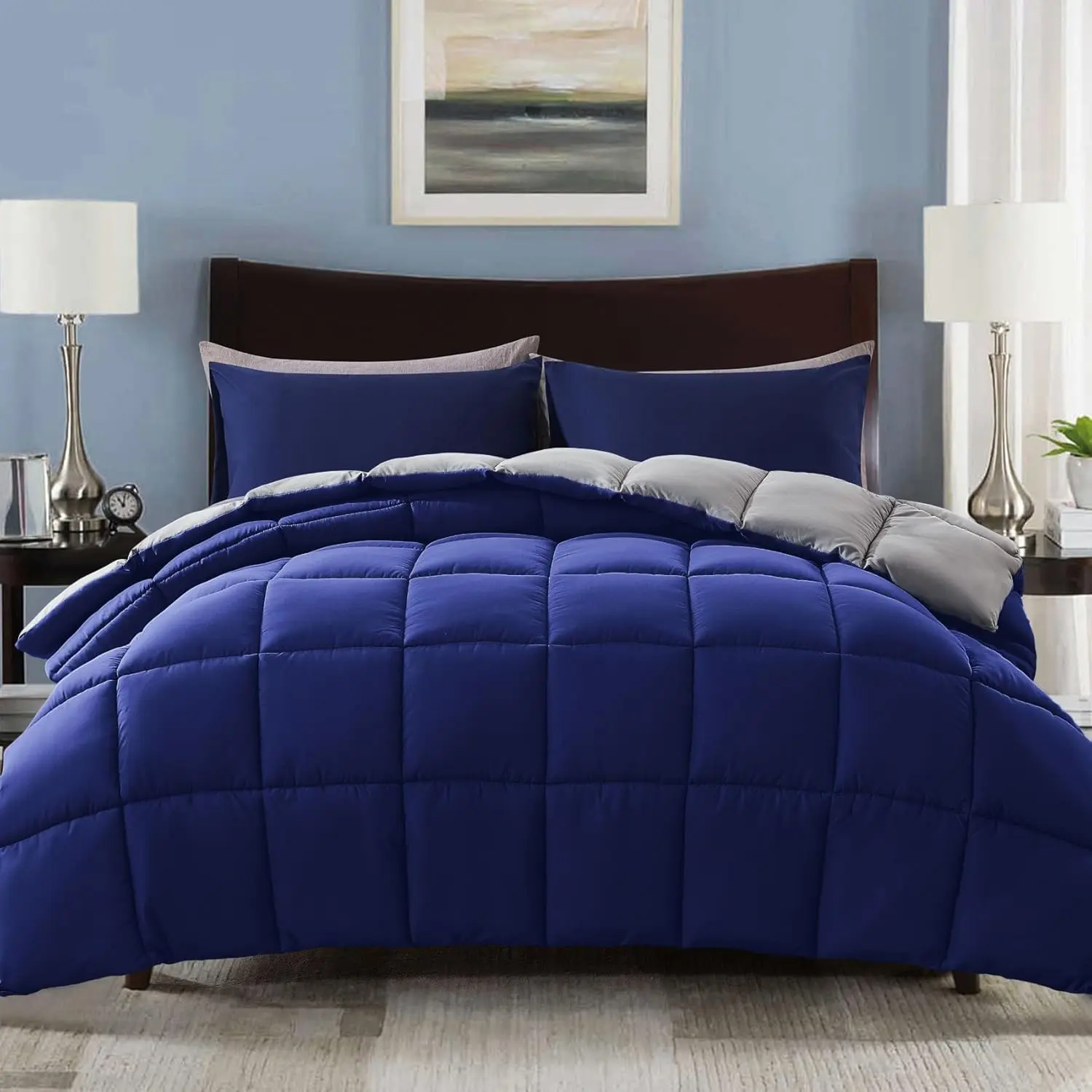 Cal King Full Quilted Microfibre Down Alternative Comforter Set with 2 Pillow Shams - Lightweight, Breathable, Durable, Machine Washable Duvet Insert with 4 Corner Tabs, Solid Stitch - Blue/Grey, Orange/Black Sizes, Polyester, Soft, Sun-Dry, Tumble Dry Lo