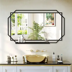 21" x 36" Modern Black Vanity Mirror with Shelf, Heavy Duty Wall Mirror for Bathroom & Entryway