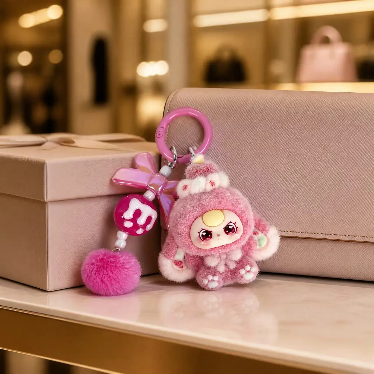 Cute Pink Plush Keychain Kawaii Furry Bag Charm Aesthetic Pom Pom & Bow Accessory Gift for Backpacks Handbags Girls