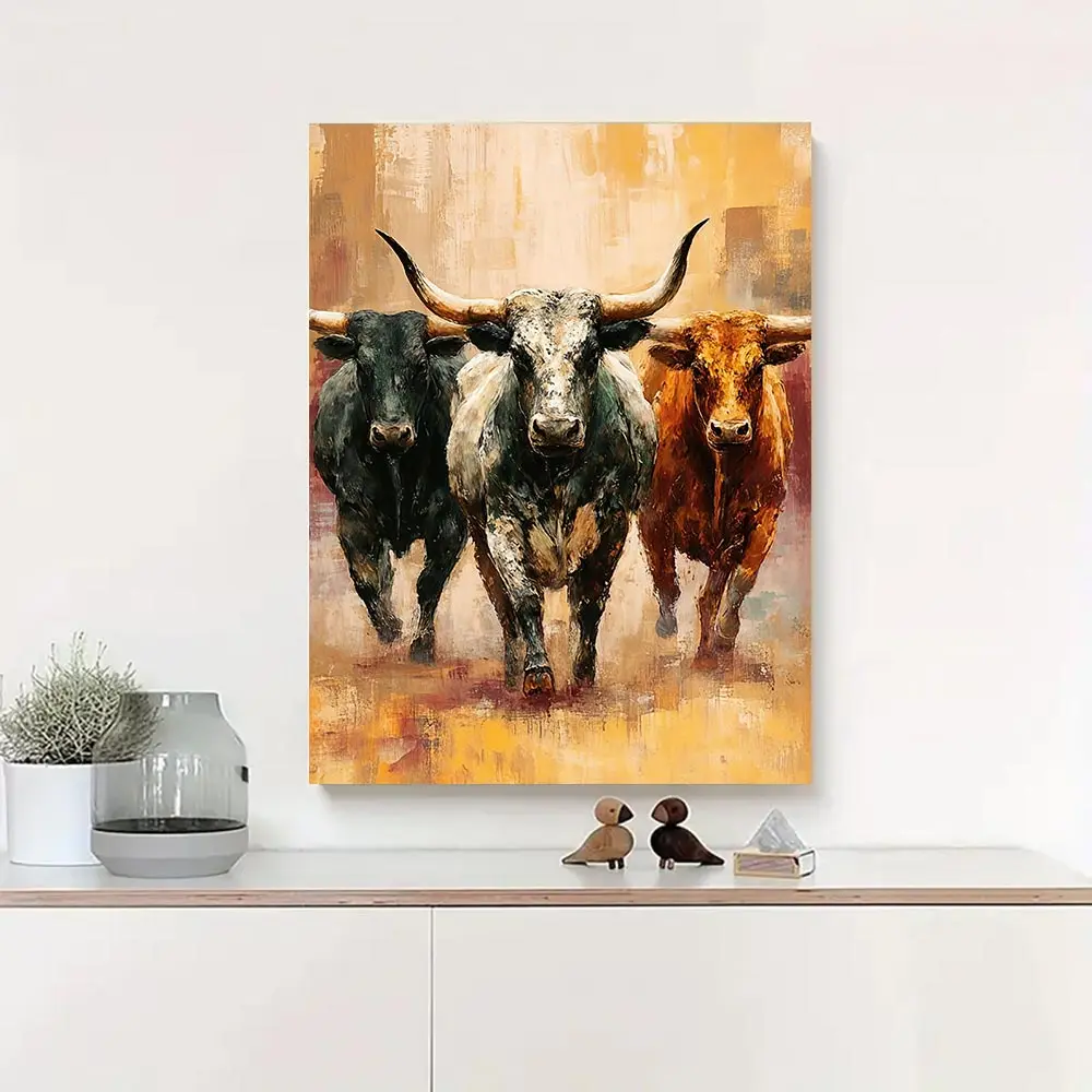 1-Piece Fort Worth Texas Longhorn Running Canvas Wall Art Print - Modern Abstract Wooden Framed Western Home Decor, Vivid Bull Design, Suitable for Living Room, Office, Ideal Gift