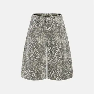 Inflation Leopard Print Baggy Denim Shorts Men Vintage Washed Wide Leg Streetwear Jorts