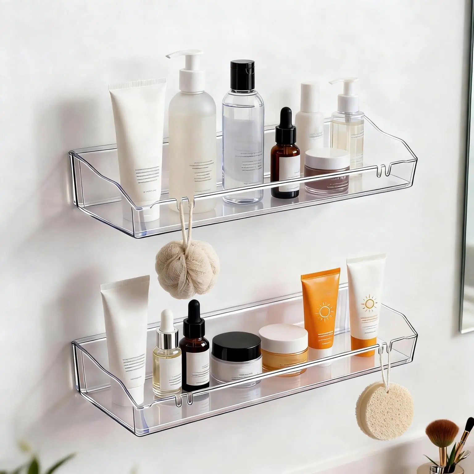 2 Transparent Acrylic-PVC Waterproof Floating Shelves, Adhesive or Screw-Mounted Bathroom Organizer Storage, Shower Organizer Caddy Shelf Set for Home Decor, Bathroom Use