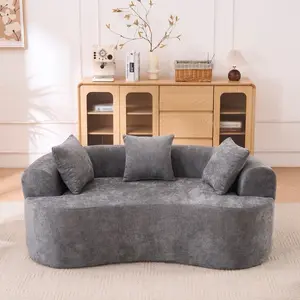 Gray Chenille Crescent-Shaped 3-Seater Sofa - Modern Low-Back Design, Deep Cushions, Self-Inflating Foam-Filled, No Assembly Required