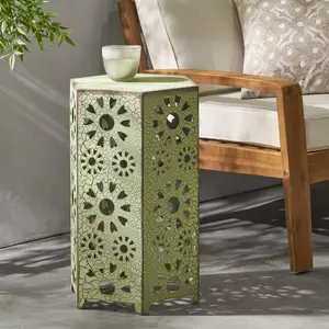 Outdoor Side Table – Green, Sunburst Design. 14.25"D x 14.25"W x 22"H. Iron Construction – Sturdy & Stable. Portable – Move Anywhere. Add Pop of Color to Patio