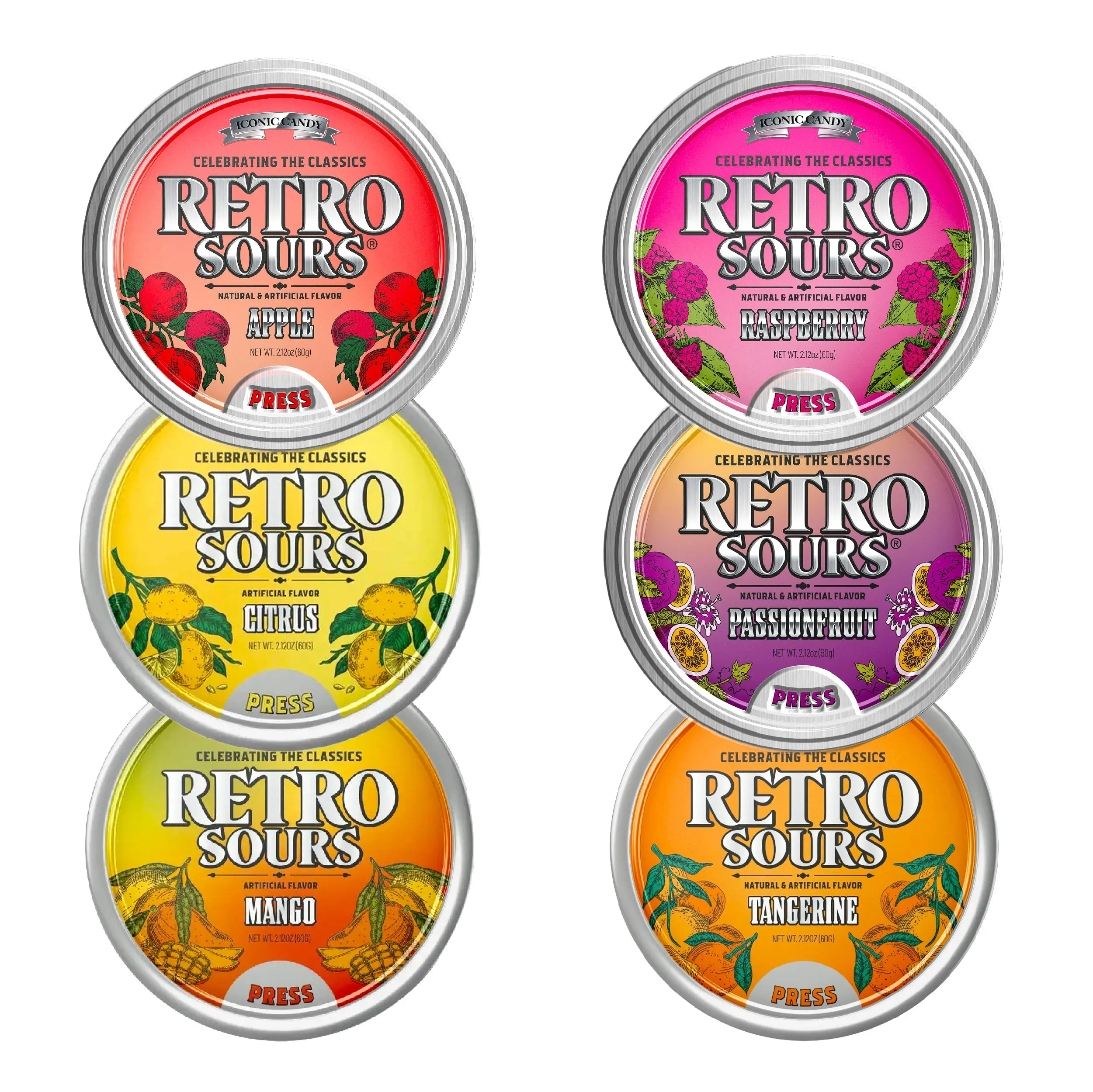 Retro Sours Pack of 3 Tins - Citrus, Raspberry, Apple, Passionfruit, Mango & Tangerine Flavored Hard Tangy Candy Gluten Free Sour Altoid Sours Perfect