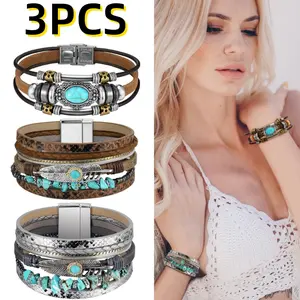 3PCS Bohemian Bracelet for Women, Faux Leather Cuff Bracelet Wedding Party Decorations, Multi Layer Western Jewelry Wristbands,with Retro Simple Plant Leaf Accessory for Men and Women