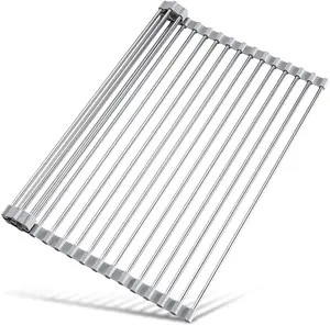 Roll Up Dish Drying Rack Over Sink 17.7x15.5 Inch | Foldable Stainless Steel Sink Rack with Silicone Edges | Multipurpose Kitchen Drainer Rack