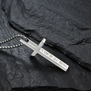 Philippians Engraved Cross Necklace – Men's Gold & Black Pendant with Bible Verse, Elegant Catholic Jewelry