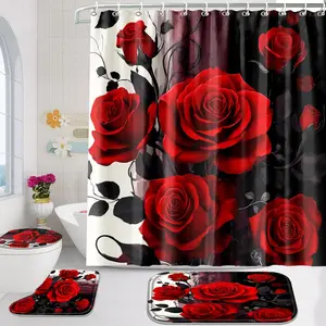 Red & Black Rose 4-Piece Bathroom Shower Curtain Set – Includes Bath Mat, U-Shaped Rug & Toilet Lid Cover, Waterproof Fabric with 12 Hooks