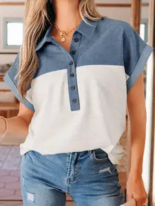 Women's Light Grey Color Block Denim Patchwork Button Polo Collar Short Sleeve Top, Casual Everyday Cotton Blend Tee for Women, Relaxed Sporty Shirt, Chic Y2K Loungewear Apparel