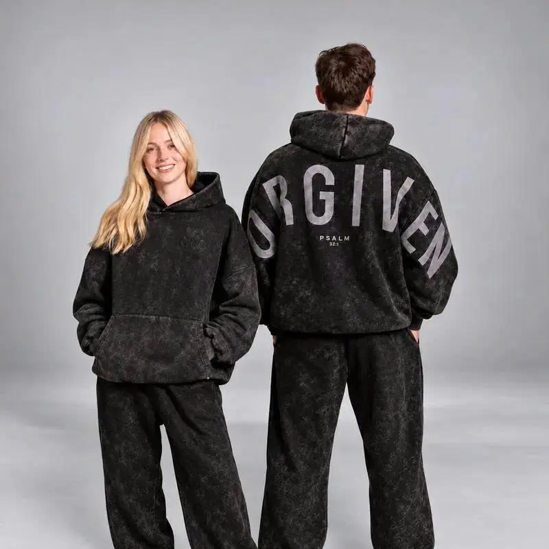 Multicolor FORGIVEN Arch Graphic 2 Piece Tracksuit Set | Vintage Acid Wash Pullover Hoodie and Wide Leg Sweatpants | Unisex Sweatsuit