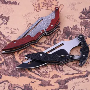 2pc Damascus Steel Mechanical Camping Knife, Multi-functional Pocket Knife, Ergonomic Rosewood Handle, Super Sharp Blade, Suitable for Kitchen, Outdoor Camping Cooking BBQ, Best Gift for Christmas, Valentine's Day!