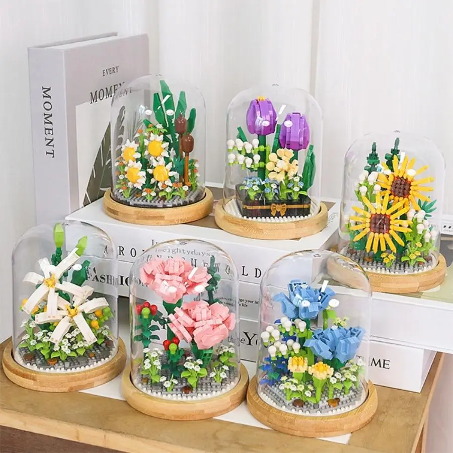 DIY Mini Building Block Flower Bouquets with Transparent Display Cover, 1 Box Indoor Decoration, Building Bricks Bouquet Flowers Gift, Creative Deskto