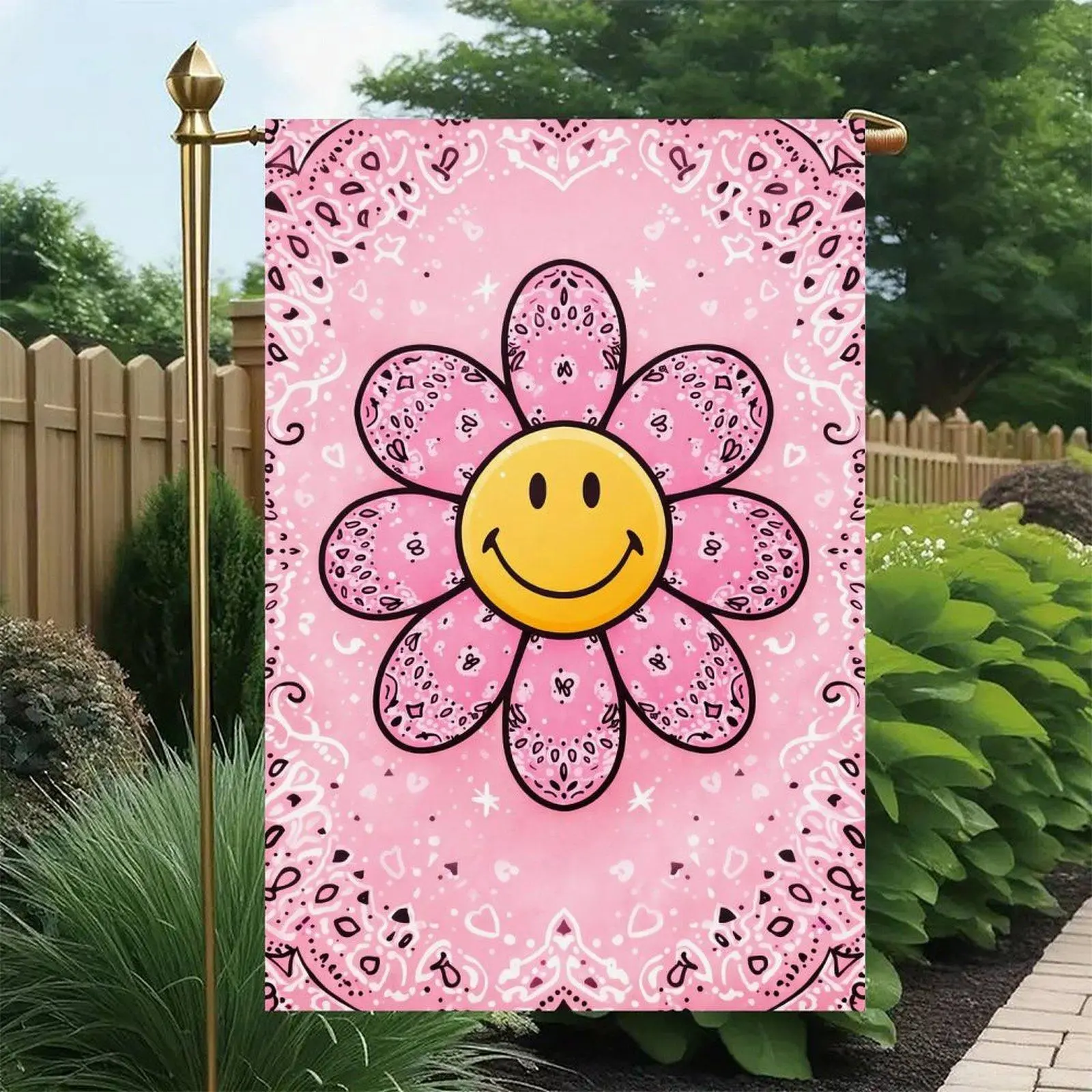 Pink Paisley Smile Face Daisy Groovy Retro Garden Flag, Double Sided, 12 x 18 Inch, Hippie Happy Flower Outdoor Yard Decor Flag