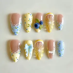 Press On False Nails, 3D Blueberry Lemon Floral Design, Summer Fruit Themed Gel Faux Nails for Beauty & Personal Care