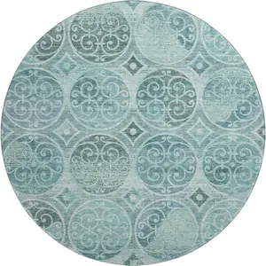 HomeRoots 662274 8 ft. Antislip Cool-Toned Decorated Full-Sized Teal & Aqua Medallion Washable Round Area Rug with UV Protection, Antislip Area Rugs, Cool-Toned Area Rugs