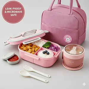 2-layer multi-compartment lunch box set: lunch box + cup + bag. Lunch set with cutlery and sauce box. Microwave safe, suitable for school, work, outdoor lunch box Bpa Free Plastic lunch box