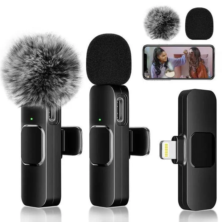 2-Pack Wireless Lavalier Clip-On Microphones with Furry Windscreen & Lightning Connector for Vlogging and Recording
