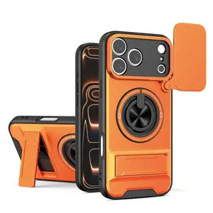 For iPhone 17Pro Max 16Pro 15 14 13 12 Pro Max 16Plus Phone Case with 360 ° Rotation Magnetic Ring Compatible with MagSafe Slide Camera Cover Foldable Stand Military-Grade Shockproof Protective cases (Orange, iPhone 17 Pro Max)