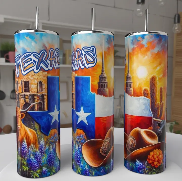TEXAS SUBLIMATED TUMBLER 20oz - Colorful Design with Texas Flag & Cowboy Hat Motif - Reusable Drinkware
