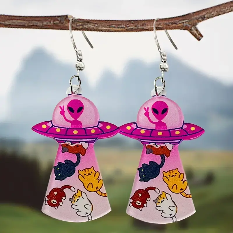 Funny Alien Cat UFO Abduction Design Dangle Earrings Cartoon Y2K Style Acrylic Jewelry Creative Unique Earrings Retro