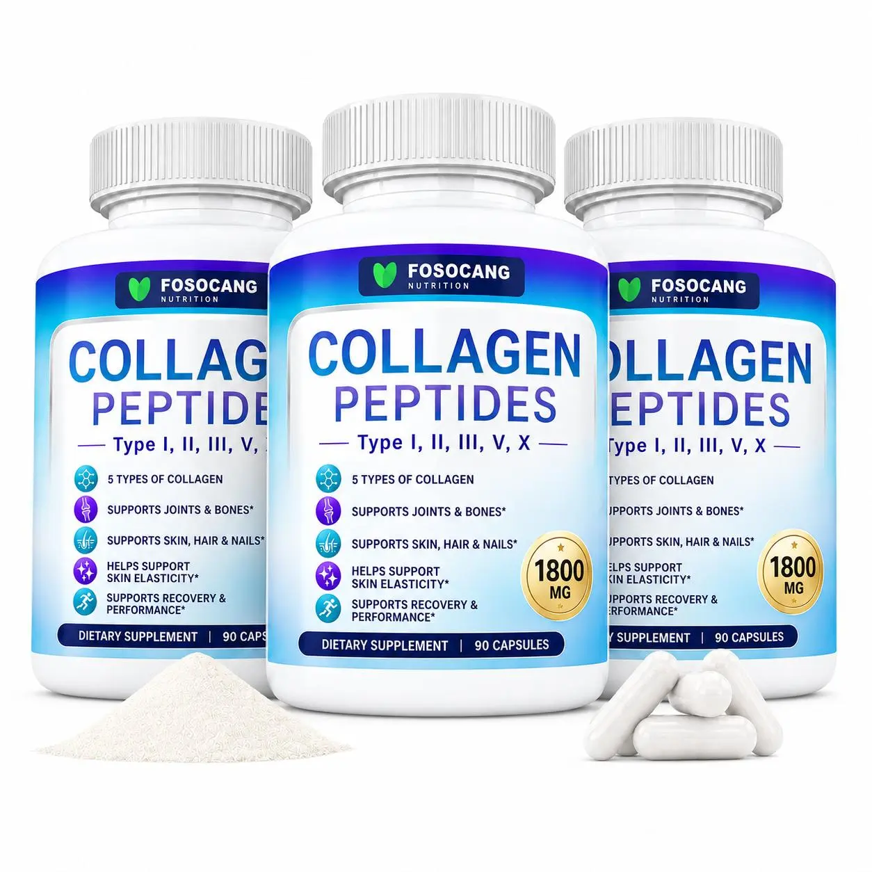 Multi Collagen Peptides Pills 1800 Mg Complex - Type I, I, Ill,V,X Premium Collagen Complex for Better Skin & HairStrong Joint,Hydrolyzed Protein, for Men Women,90Capsules, Supplement