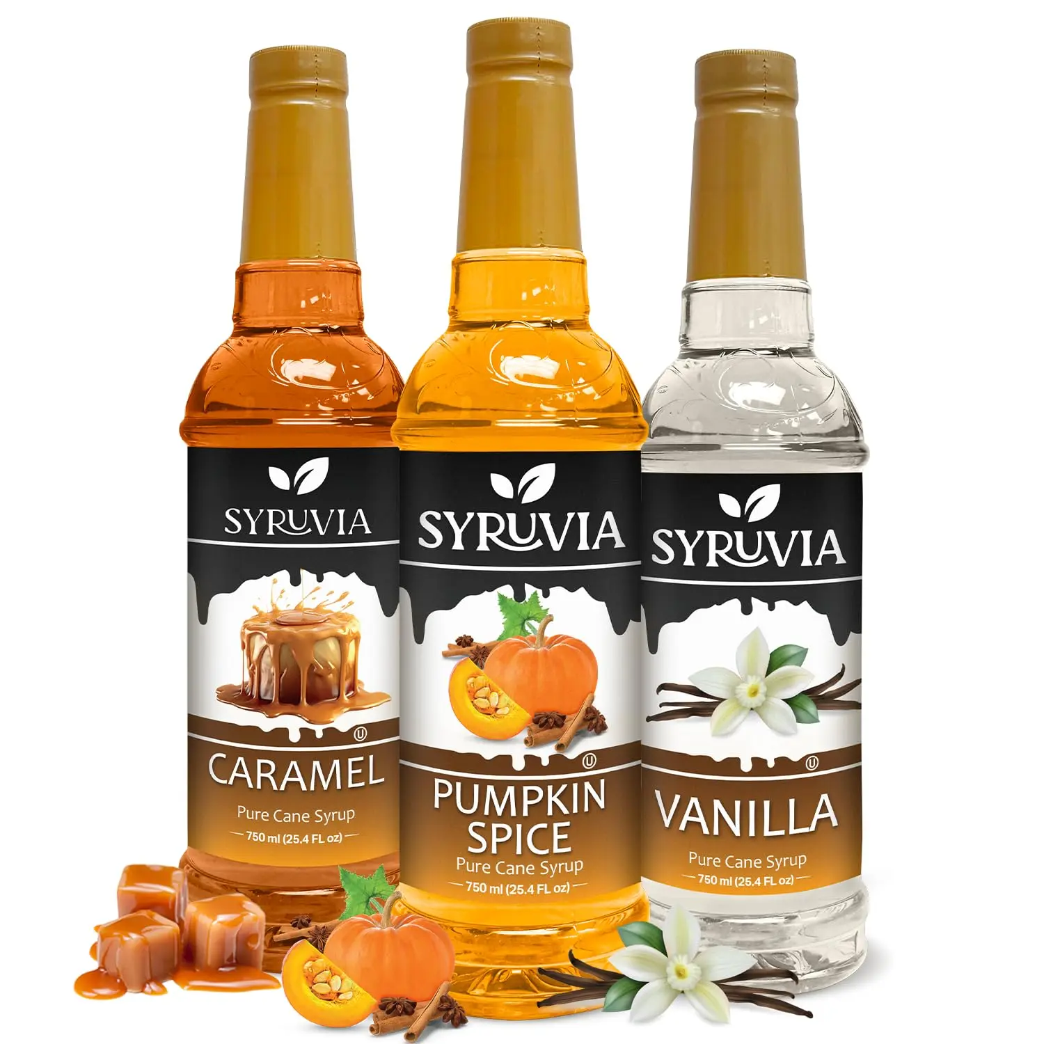 Syruvia Sweet Flavor Variety Pack - Pumpkin Spice, Caramel, Vanilla Sugar Syrups & Concentrates for Beverages, 25.4 Fl oz (3-Pack)