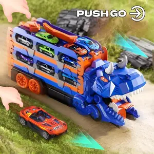 Dino Car Carrier Playset – Transforming Dinosaur Transport Truck with 12 Mini Die-Cast Cars, Launch Ramps & Storage, Toddler Toy for Ages 3–6