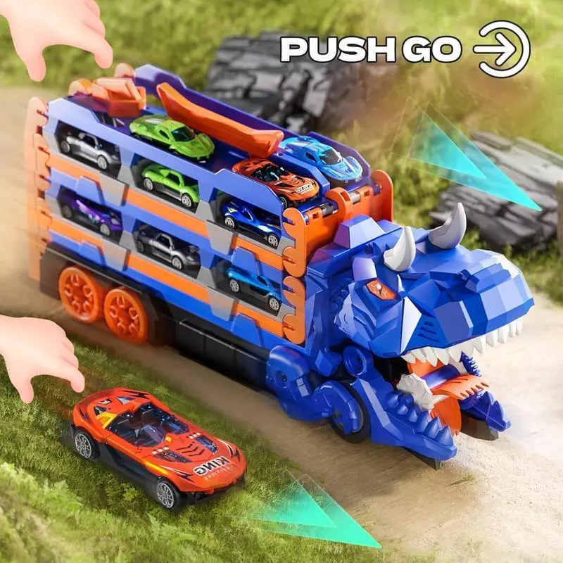 Dino Car Carrier Playset - Transforming Dinosaur Transport Truck with 12 Mini Diecast Cars, Launch Ramps, Storage, Kids Toddler Toy for Ages 3-6, Cars Kids