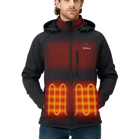 ORORO Men's Fitted 4-Heating-Zones Long Sleeve Zipper Front Polyester Tech Jacket - Hooded, Machine Washable, Battery-Included Sports Outdoor Outerwear with Detachable Hood